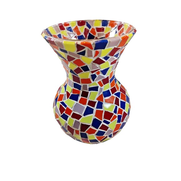 Vintage Mosaic Multicolored Rainbow Tile Glass Vase 7" Tall - Picture 3 of 7